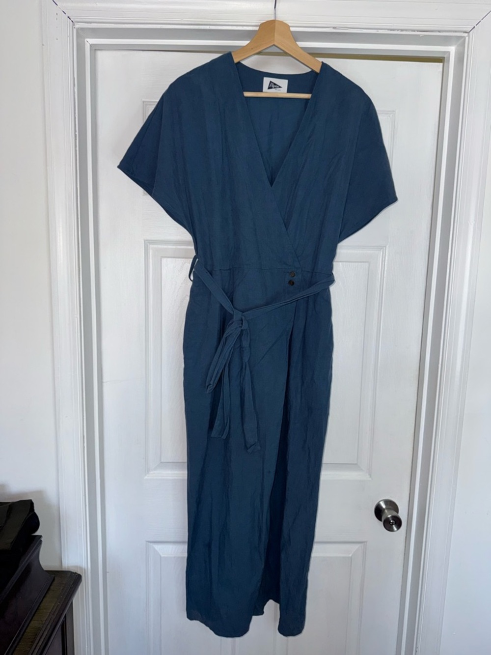 Pilgrim Surf+Supply Dottie Navy Wrap Belted Jumpsuit Short Sleeve M Crop